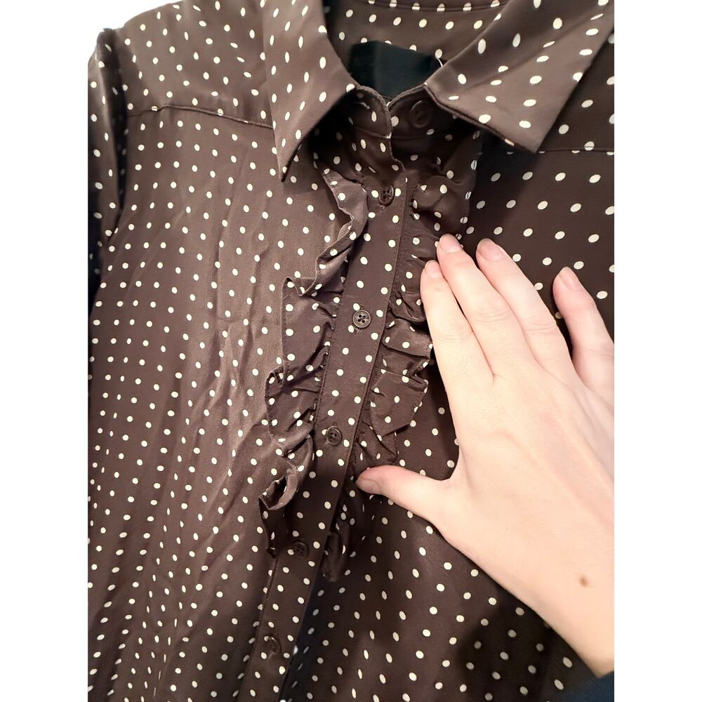 Nili Lotan 6 Sasha Midi Shirt Dress $795 Polka Dot 100% Silk Ruffle Brown - Picture 7 of 13